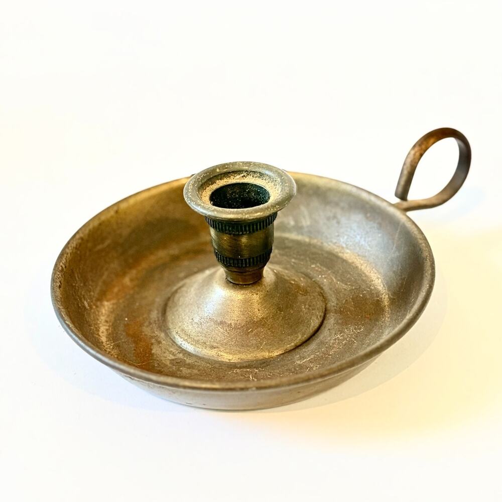 Chamberstick Candle Holder Brass Finger Loop Saucer 6in Vintage Primitive